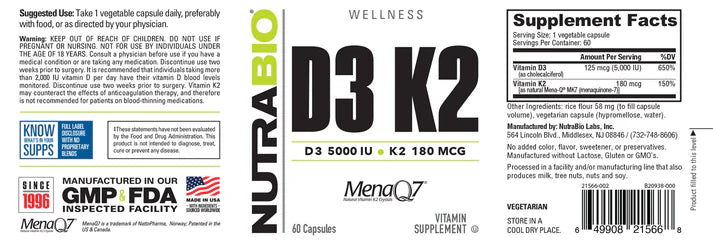 Vitamin D3 K2 (5000 IU D3, 180 MCG K2) 60 Capsules